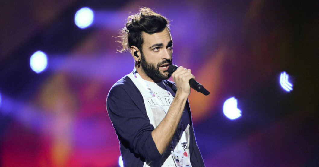 Marco Mengoni framför "L'essenziale" i Eurovision song contest 2013. Arkivbild. Han gör Italiens låt i Eurovision