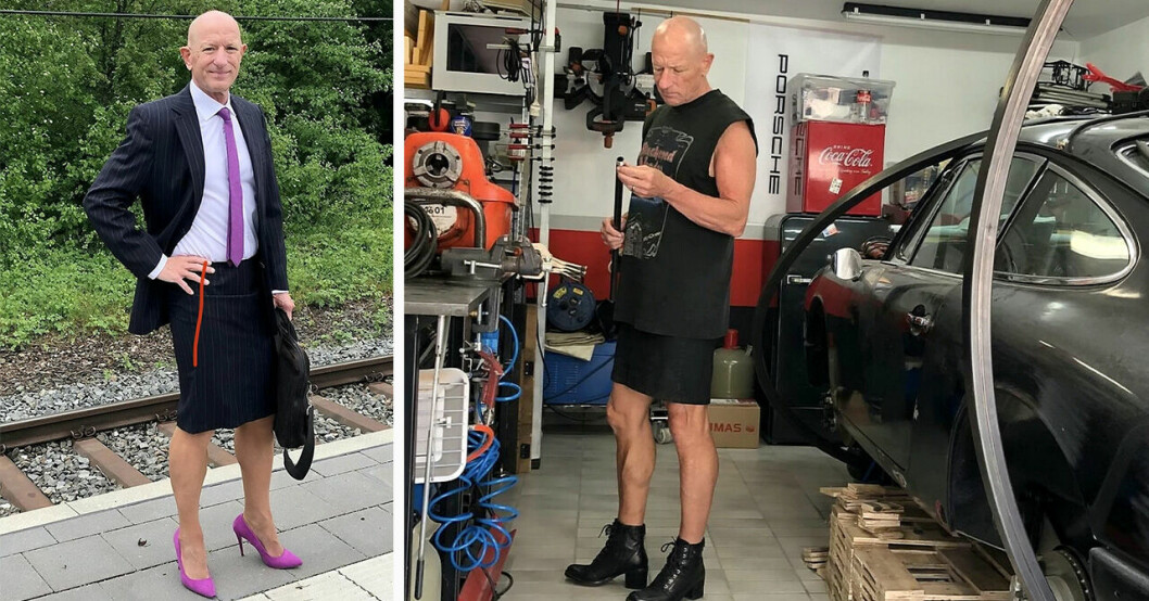 Mark Bryan klädd i kjol och kavaj med slips