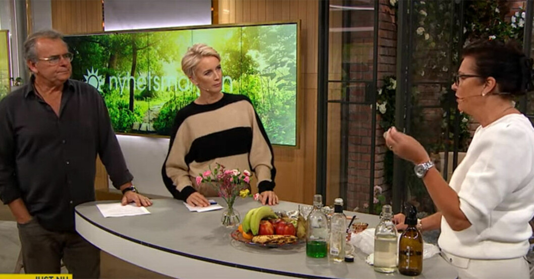 Marléne i TV4-studion med programledarna Steffo Törnquist och Jenny Strömstedt.