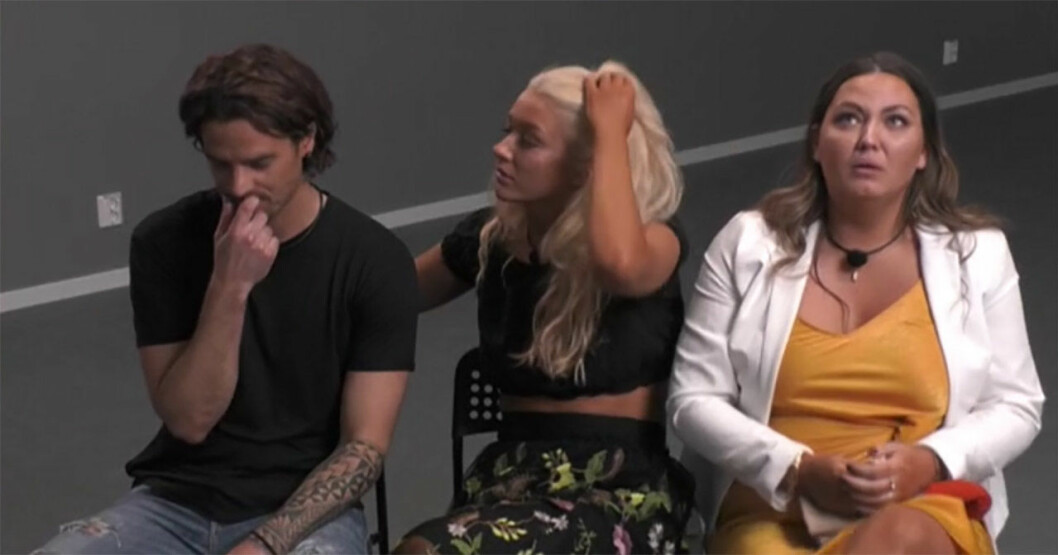 Martin, Jasmine och Amilia tjafsade under Big Brother. <strong>Foto: C More.</strong> Martin Forstén, Jasmine Armstrong och Amilia Stapelfeldt i Big Brother 2020.