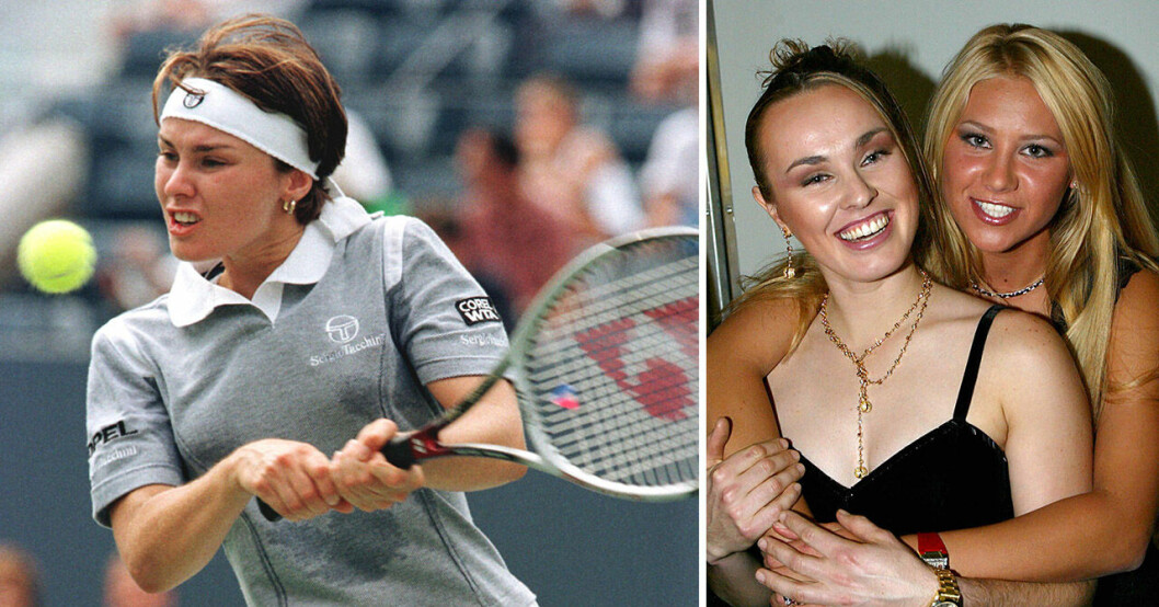 Martina Hingis på tennisbanan när hon var som bäst. Till höger en festbild med tennispolaren Anna Kournikova från 2002. Martina Hingis och Anna Kournikova.