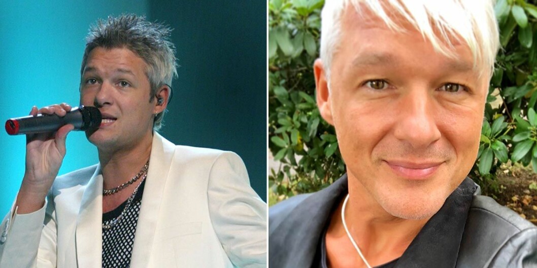 <strong>Foto: TT & Privat.</strong> Mathias Holmgren i Melodifestivalen 2003 och hur han ser ut i dag. Mathias Holmgren