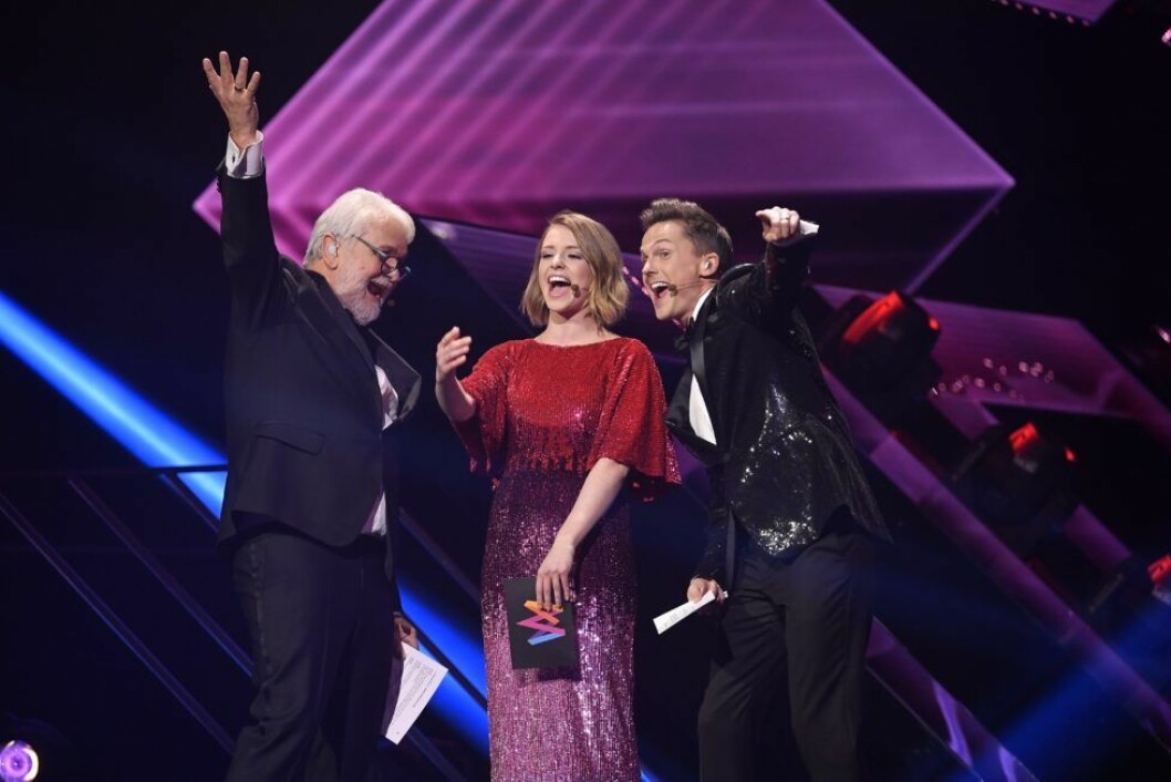 Hasse Andersson, Clara Henry och David Lindgren. Foto: IBL Hasse Andersson - Kvinnaböske, Clara Henry, David Lindgren Melodifestivalen, Göteborg, genrep, 2017-02-03