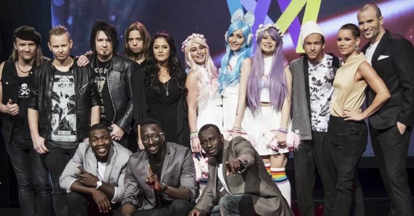 Melodifestivalen 2016, de tävlande i Gävle. Från vänster: Eclipse, Molly Sandén, Dolly Style, Frans, Linda Bengtzing, Martin Stenmarck och Panetoz.