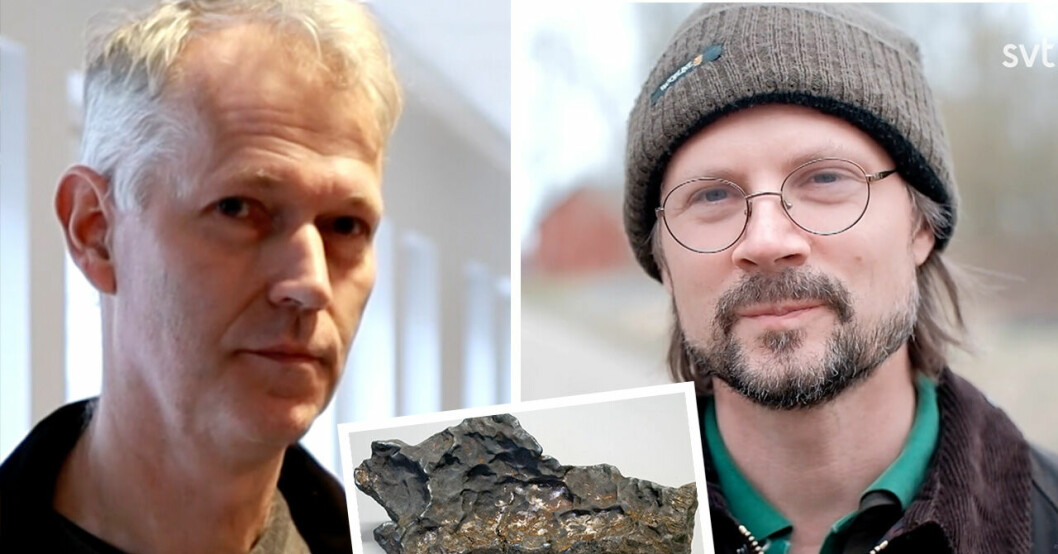 Anders Zetterqvist och greve Johan Benzelstierna von Engeström samt meteoriten som de har en konflikt om.