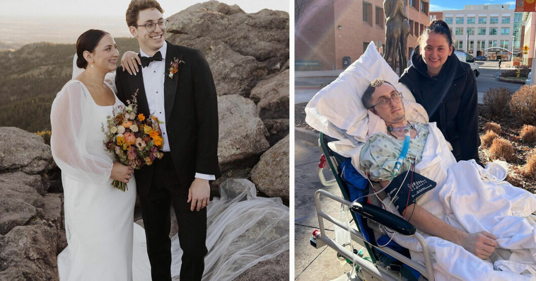 Till vänster: Kelsey och Mike på sin bröllopsdag. Till höger: Mike i sjukhussäng.