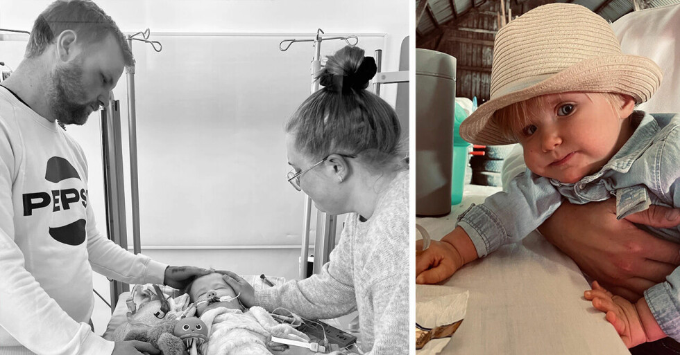 Linus Bäckerstam och Lisa Hagelskytt med Milo på sjukhuset och till höger syns Milo i hatt.