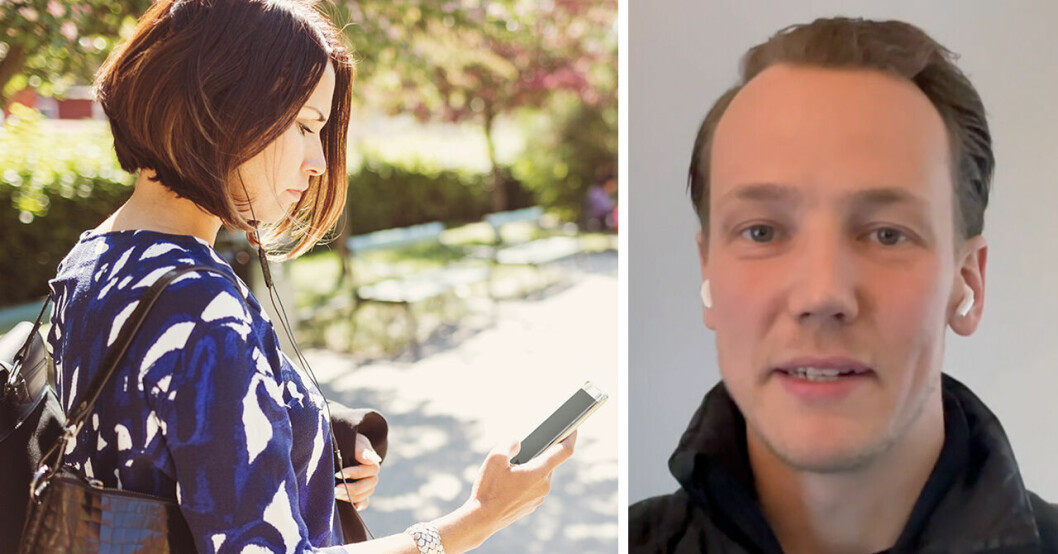 Kvinna står med mobil i handen och hörlurar i öronen samt Andreas Nobell till höger.