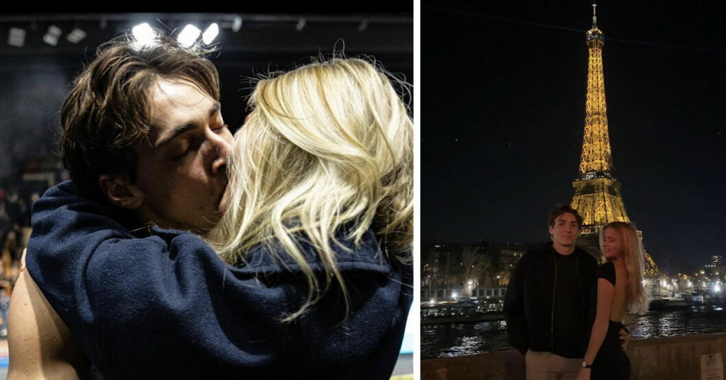 Armand Mondo Duplantis och Desiré Inglander kysser varandra och står framför Eiffeltornet