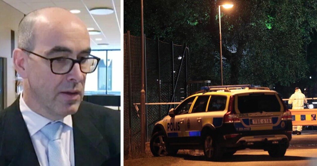Anders Persson, åklagare i mordfallet och en polisbil i mörker.