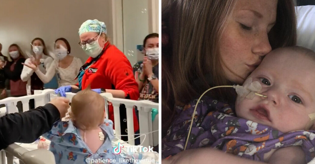 Mark hyllas av vårdpersonal och pussas av mamma Elizabeth på tinningen till höger.