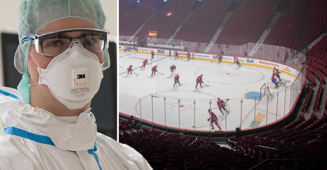 En sjuksköterska med skyddsutrustning och spelare i NHL