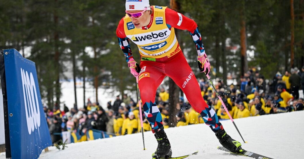 Norges Johannes Høsflot Klæbo under herrarnas sprintkval i Falun. Klæbo vann igen – närmar sig Johaug