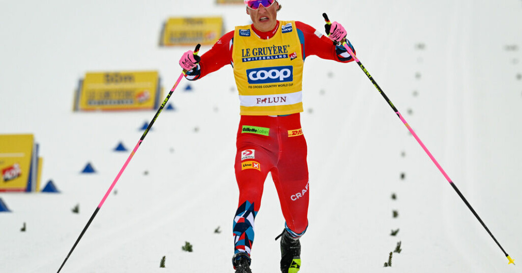 Norges Johannes Høsflot Klæbo vinnare i Falun. Klæbo kan tangera Johaugs rekord