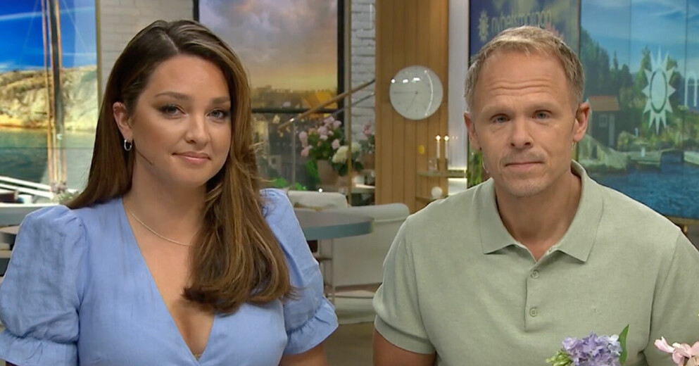 Matilda Boza och Johan Macéus i Nyhetsmorgon. Programledarna Nyhetsmorgon