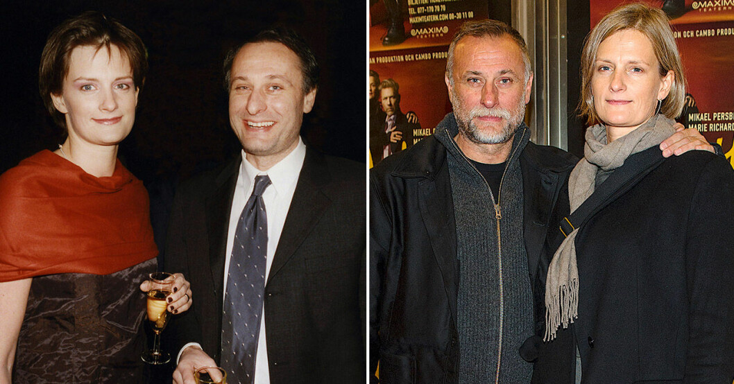 Michael och Catharina gifte sig 1990. Här två bilder från 2001 och 2016. Michael Nyqvist med änkan Catharina 2001 och 2016.