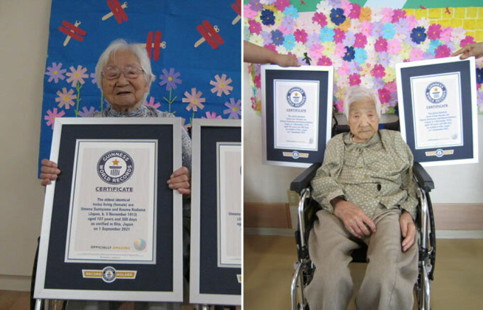 Tvillingsystrarna Umeno Sumiyama och Koume Kodamasom är 107 år och 300 dagar unga.
