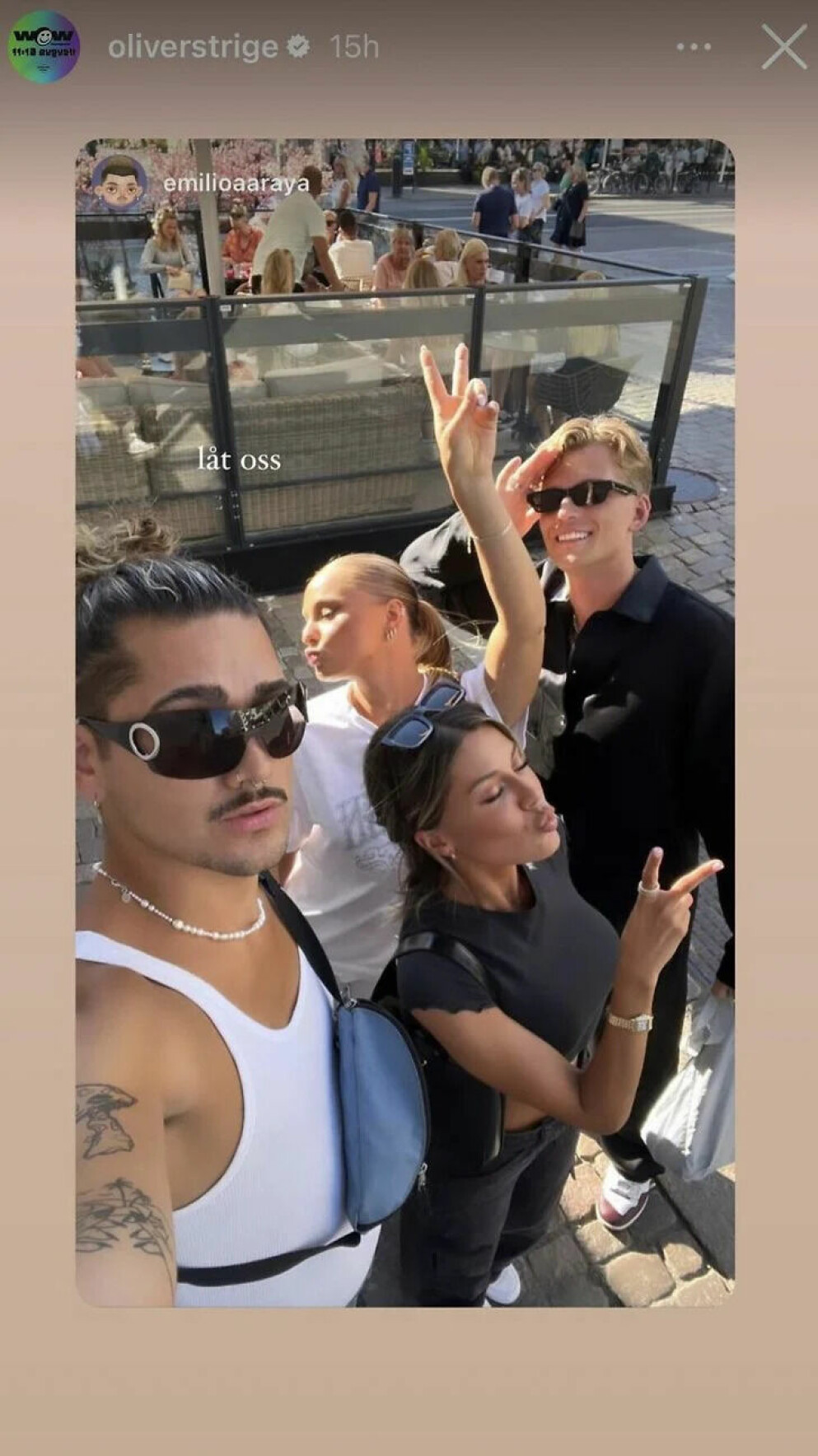 Oliver Strige repostade en bild på hela gänget samlat, från Emilios Instagram story. Oliver Strige repostade en bild på hela gänget samlat, från Emilios Instagram story.