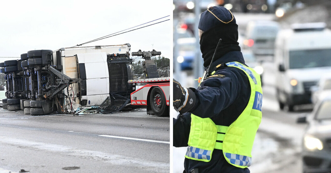Lastbil med släp välte och orsakade totalstopp på E4 – oroliga flygresenärer som ska till Arlanda ombeds ta tåg