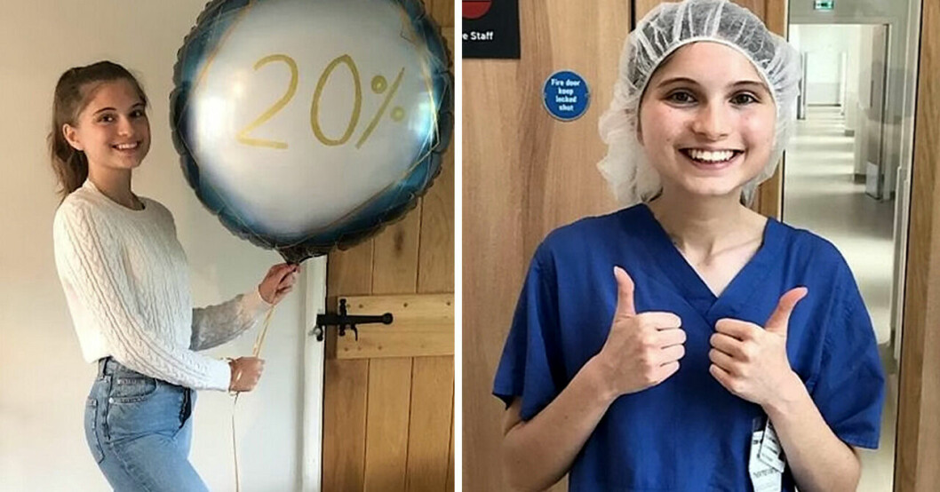 Ellie med en ballong där det står 20 % och till höger håller hon upp två tummar upp.