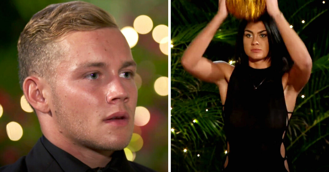 Ögonblicket när Hannah kastade kulan. Hannah Klostermann kastar kulan mot Jesper Bengtsson i finalen av Paradise hotel 2019