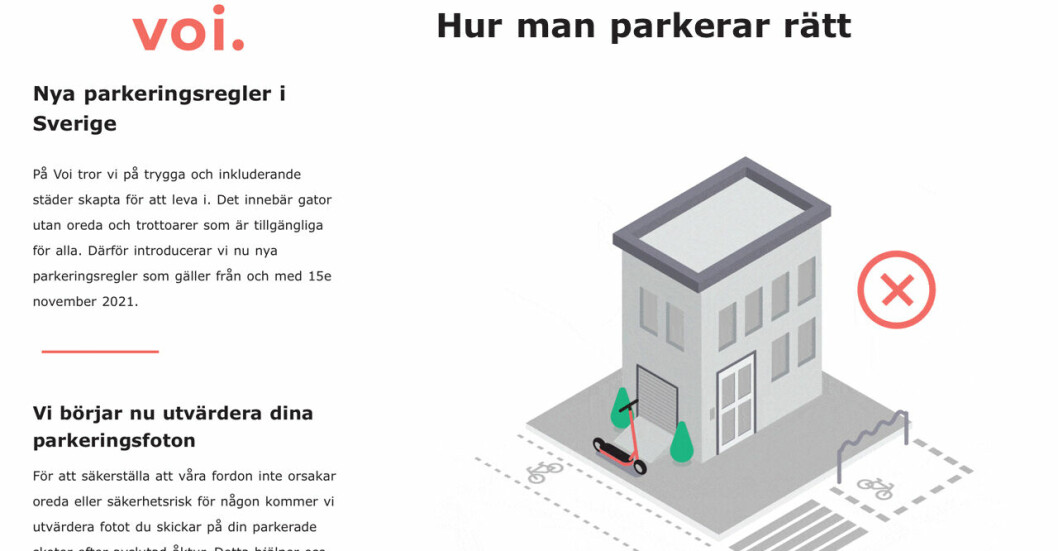 <strong>Voi har skickat ut ny information om systemet med böter till kunder som parkerar fel.</strong> Informationsmejl från företaget Voi.