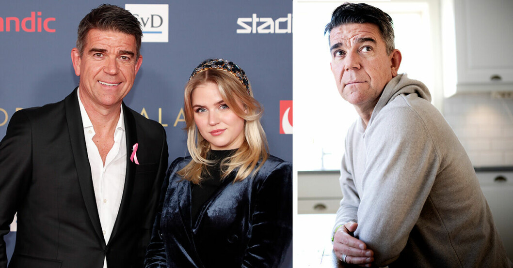 Patrick Ekwall med äldsta dottern Wilma Ekwall. Till höger syns Patrick Ekwall själv sitta i sitt kök.