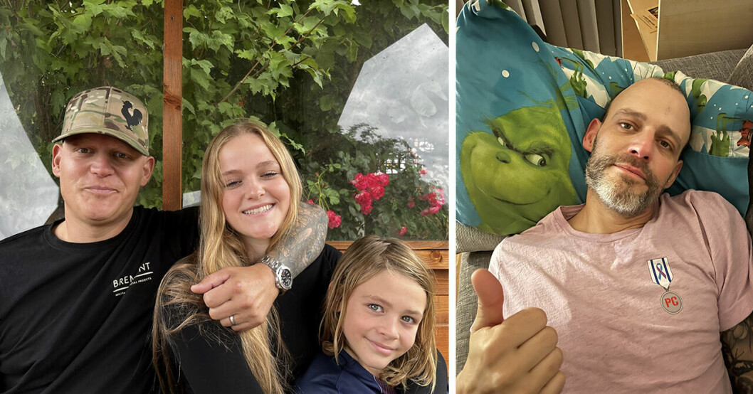 Gavin Brooks med sina två barn och till höger ligger han själv i sängen.