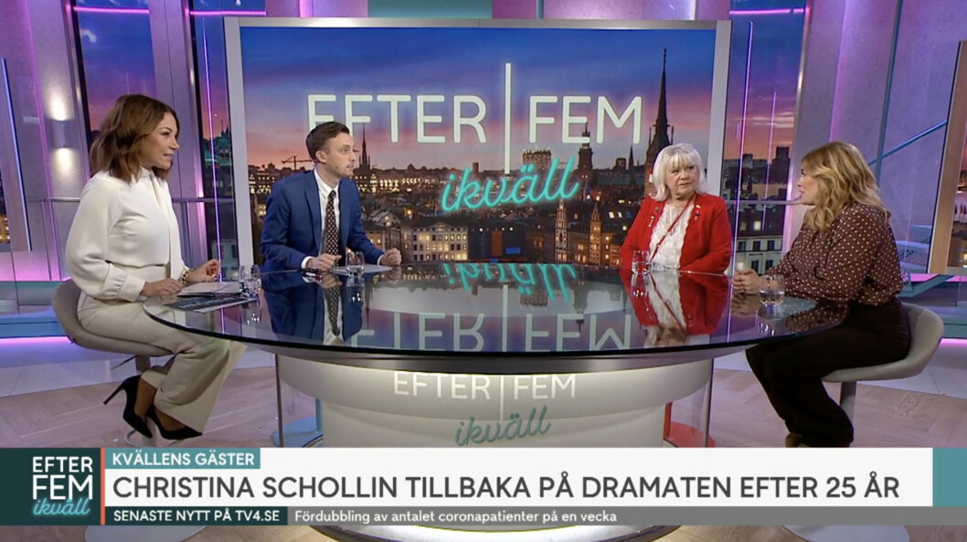 Pernilla Wahlgren och Christina Schollin gästade <span class=" italic" data-lab-italic_desktop="italic">Efter fem</span> den 3 januari 2022. Avsnittet programleds av Axel Pileby och Tilde de Paula. Pernilla Wahlgren och Christina Schollin gästade Efter fem den 3 januari 2022. Avsnittet programleds av Axel Pileby och Tilde de Paula.