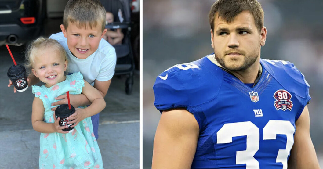 Peyton Hillis barn till vänster och till höger Peyton själv i sina amerikanske fotbollskläder.