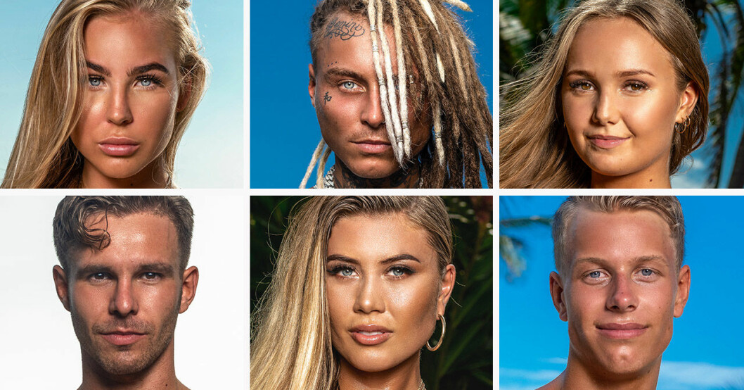 Lisa Sidén, Adam Linard, Alice Arvidsson, Joshua Andersson, Sara Selander och David Lönnberg i Paradise hotel 2020.