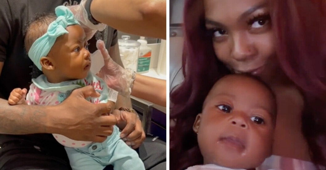 Kaliyah får sina öron piercade och till höger får hon en puss av mamma Kiy på huvudet.