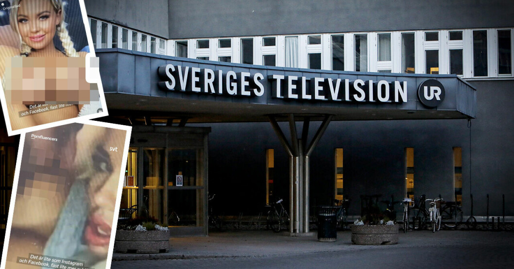 Skärmdumpar från SVT:s kritiserade video på två avklädda kvinnor samt SVT:s entré till huvudkontoret till höger.