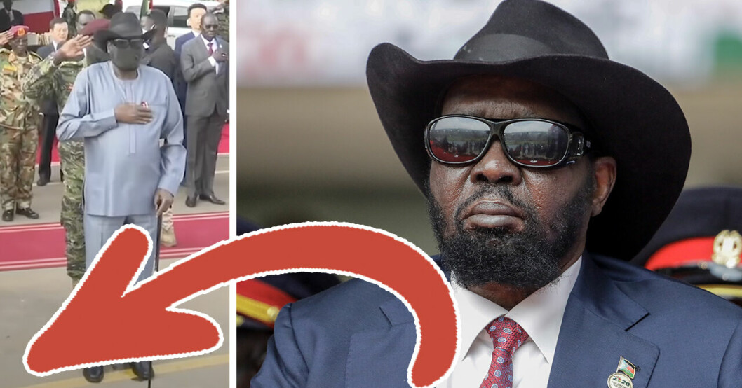 Salva Kiir kissar på sig under offentlig ceremoni och till höger syns han i hatt och solglasögon.