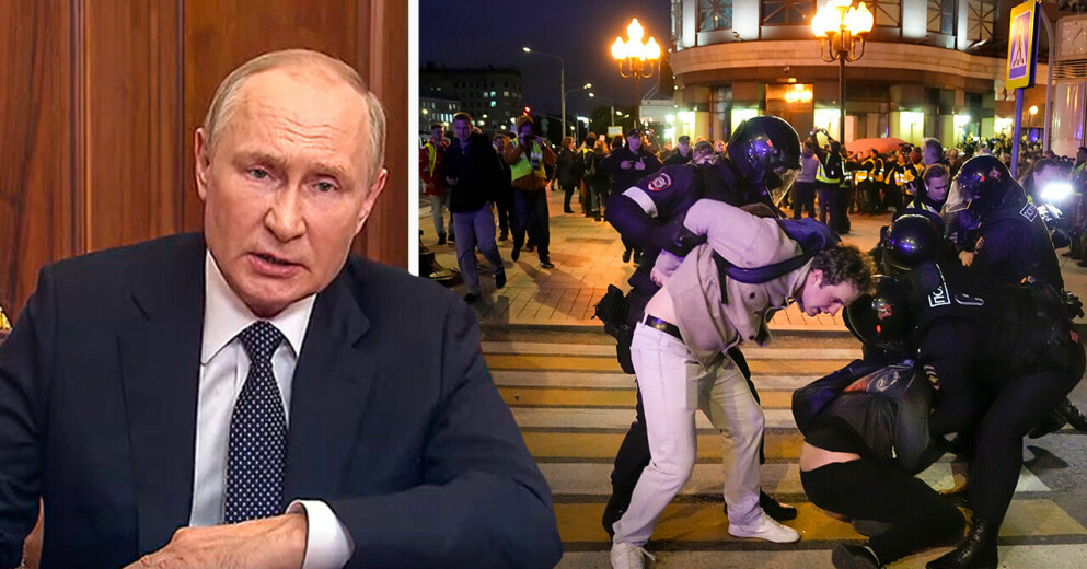 Vladimir Putin och demonstranter.