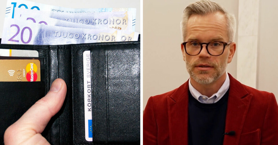 En plånbok med sedlar och kort i samt Alexander Norén.