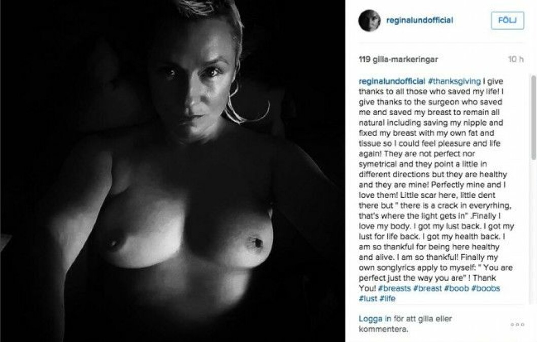 Bilden på Regina Lund som censurerades från Instagram. regina-lund-brostbild