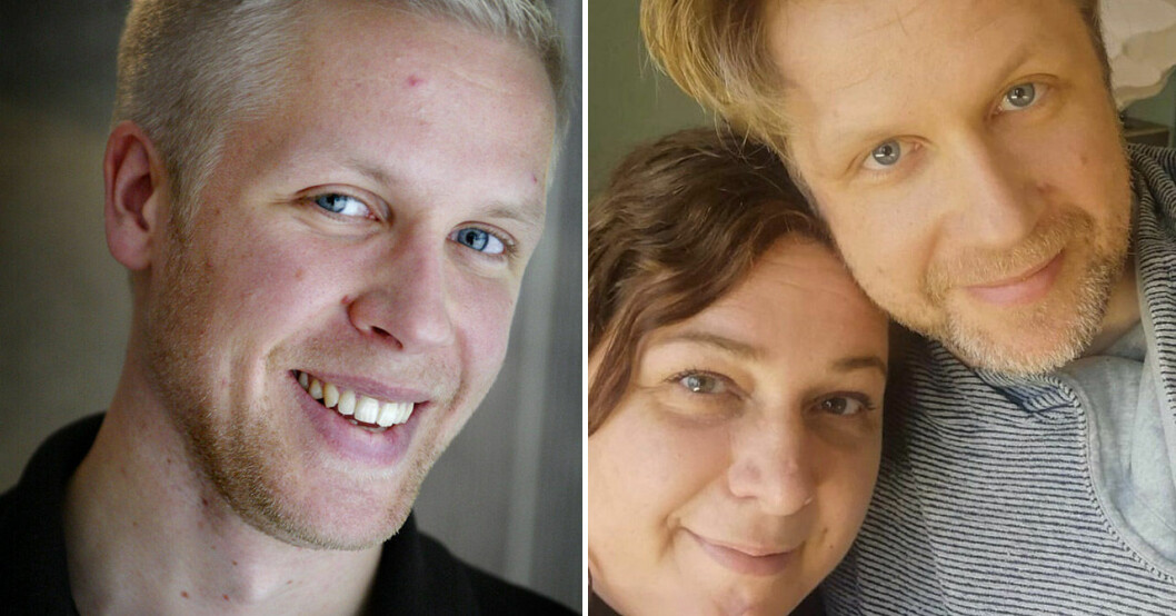 Jonas Rimeika 2003 och till höger med frun Charlotta 2021. Jonas Rimeika med frun Charlotte.