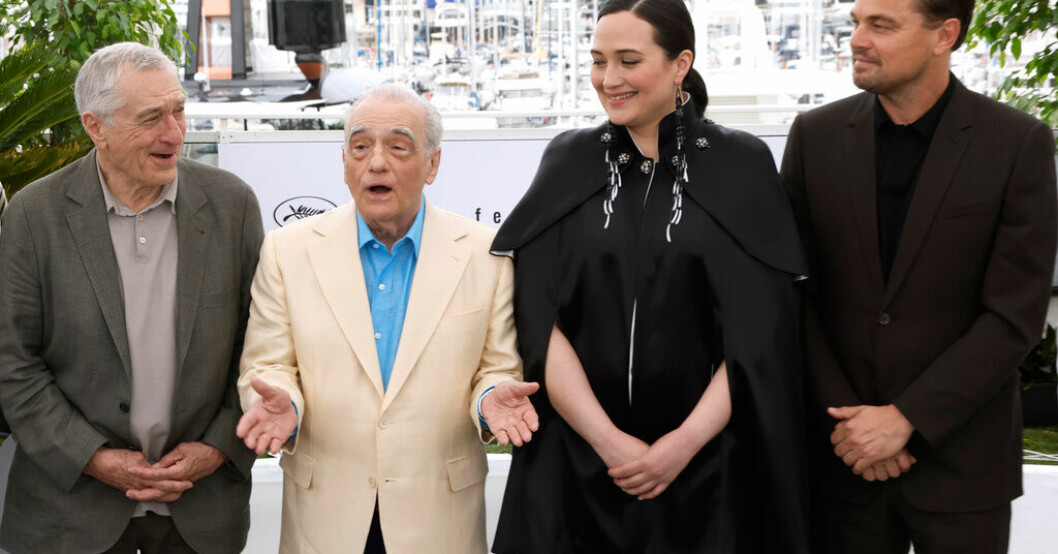 Robert De Niro, Martin Scorsese, Lily Gladstone och Leonardo DiCaprio i samband med visningen i franska Cannes av Scorseses nya film ”Killers of the flower moon”. Scorseses nya – ett för långt mästerverk?