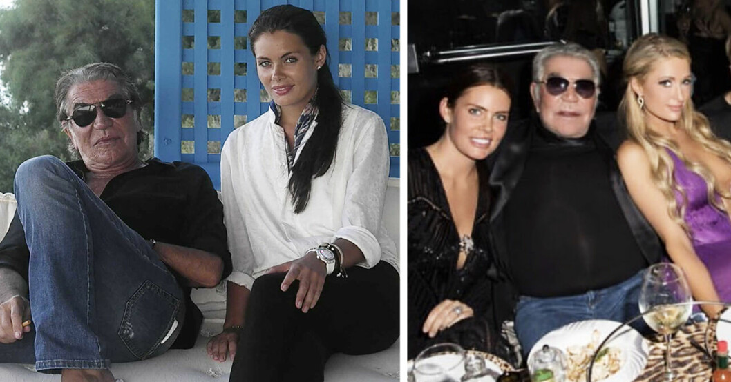 Roberto Cavalli tillsammans med flickvännen Sandra Nilsson. Till höger syns paret tillsammans med Paris Hilton.