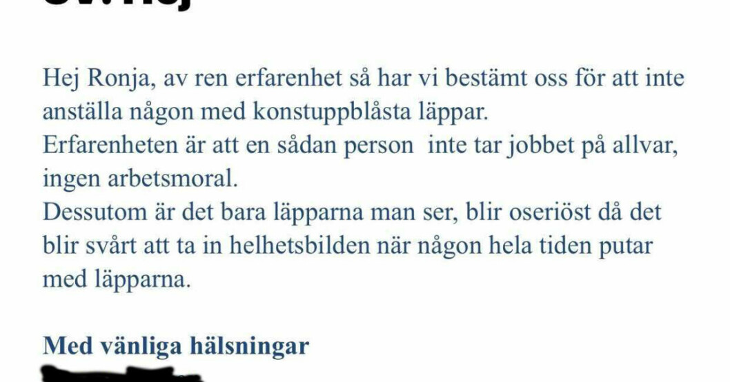 Städfirman i Örebro nekade Ronja Jakobsson intervju på grund av sina läppar. Mejlet från städfirman