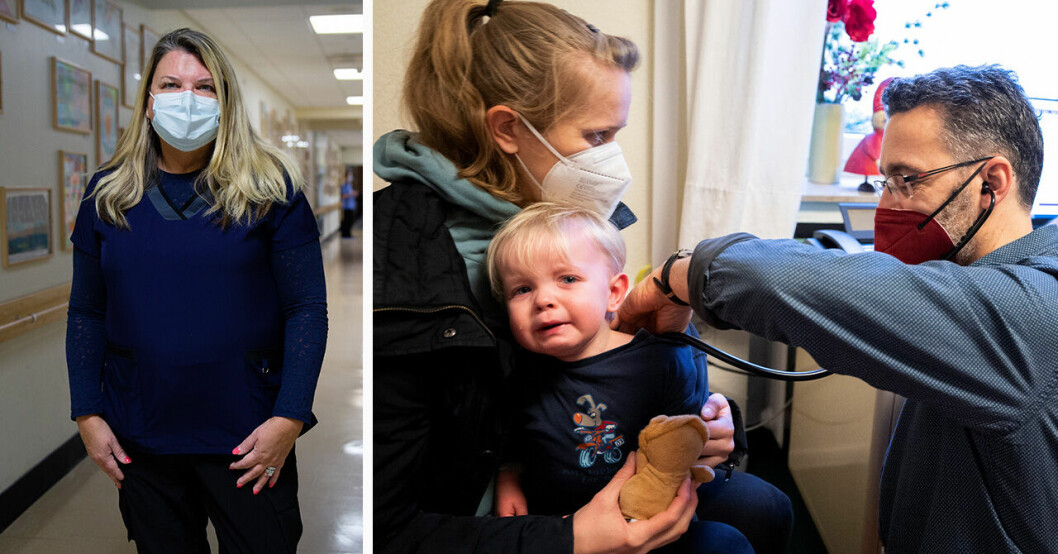 Karen O’Donnell Fountain, sjuksköterska i New York och ett barn som undersöks på sjukhuset.