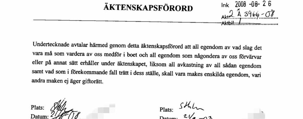 Utdrag ur Runar och Jessica Sögaards äktenskapsförord.