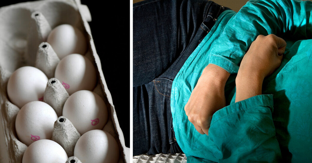 Ägg i en äggkartong och en kvinna som håller om sin mage.
