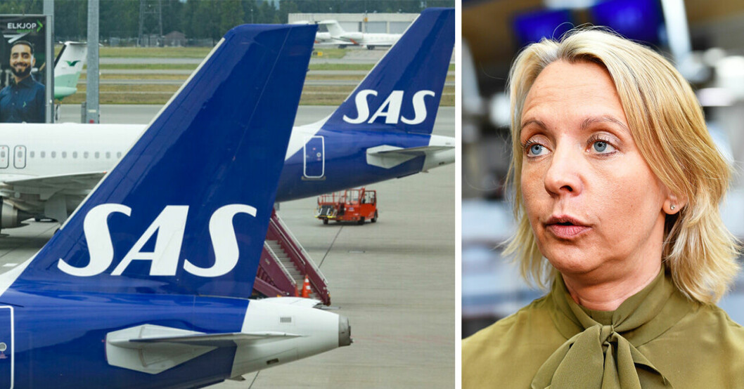 SAS-flygplan och SAS presschef, Karin Nyman till höger.