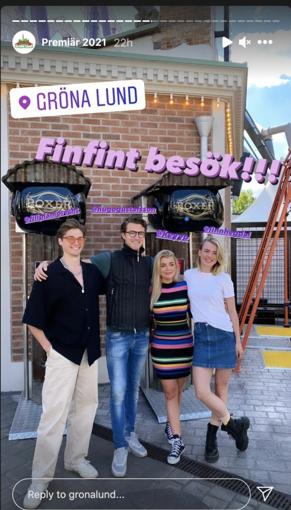 Gröna Lunds instagramstory när Linn Hegdal, Filip Lamprecht, Keyyo och Hugo Gustafsson besöker öppningen av Gröna Lund.