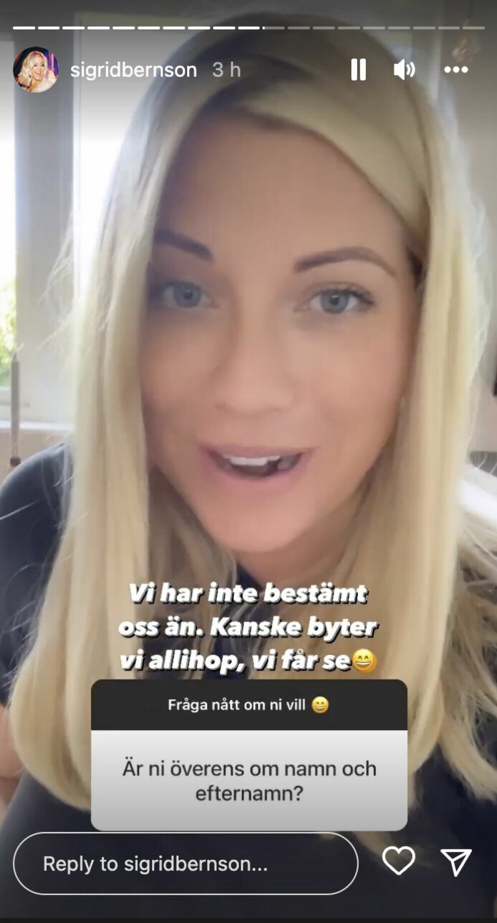 Screenshot från Sigrid Bernsons frågestund på Instagram Sigrid Bernson