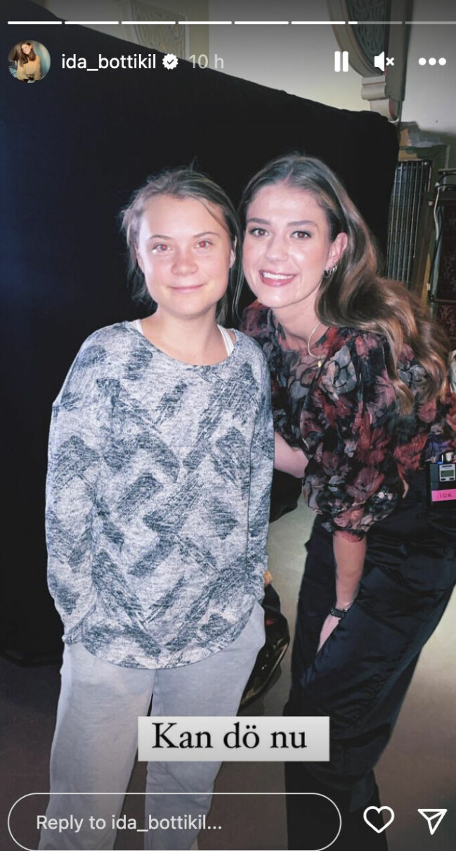 Klimataktivisten Greta Thunberg med Ida Hallquist på <span class=" italic" data-lab-italic_desktop="italic">Min stora middag.</span> Greta Thunberg med Idol-Ida