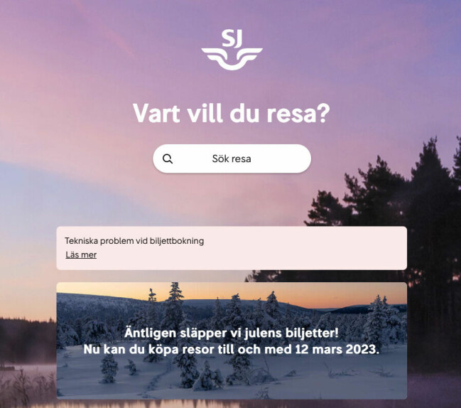 Under onsdagsmorgonen återstår tekniska problem på SJ: sajt. SJ:s hemsida.