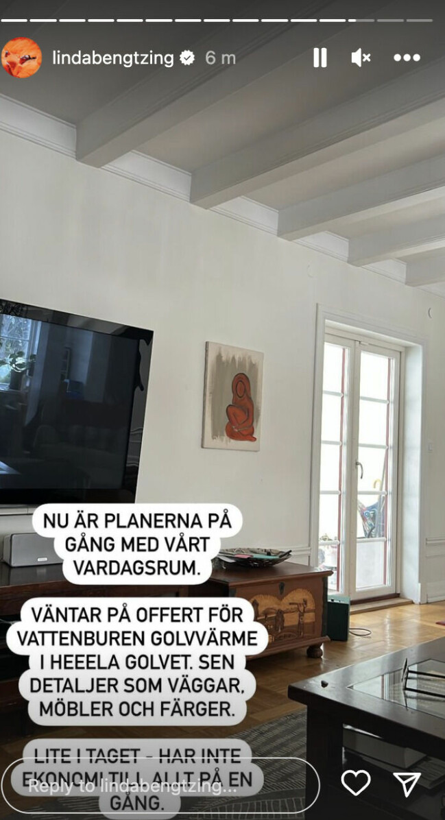 Linda Bengtzing om motgången under renoveringen av huset. Screenshot från Linda Bengtzings instagram där hon berättar om renoveringsplanerna och motgångarna som kommer med.